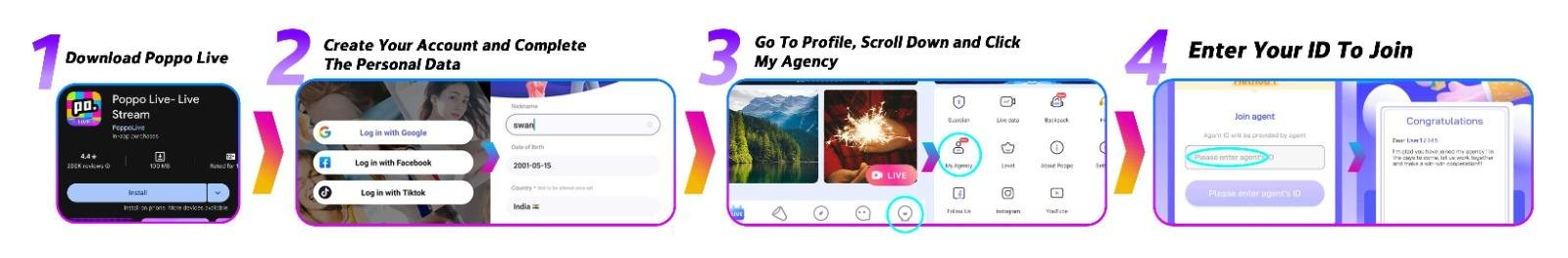 Visual tutorial: 4 steps to become a Poppo Live host from download to joining an agency