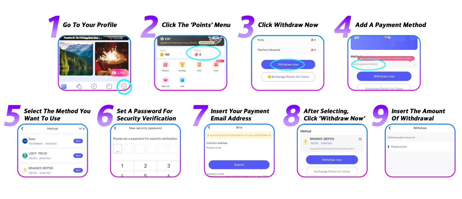Visual tutorial: 9 steps to withdraw earnings from Poppo Live