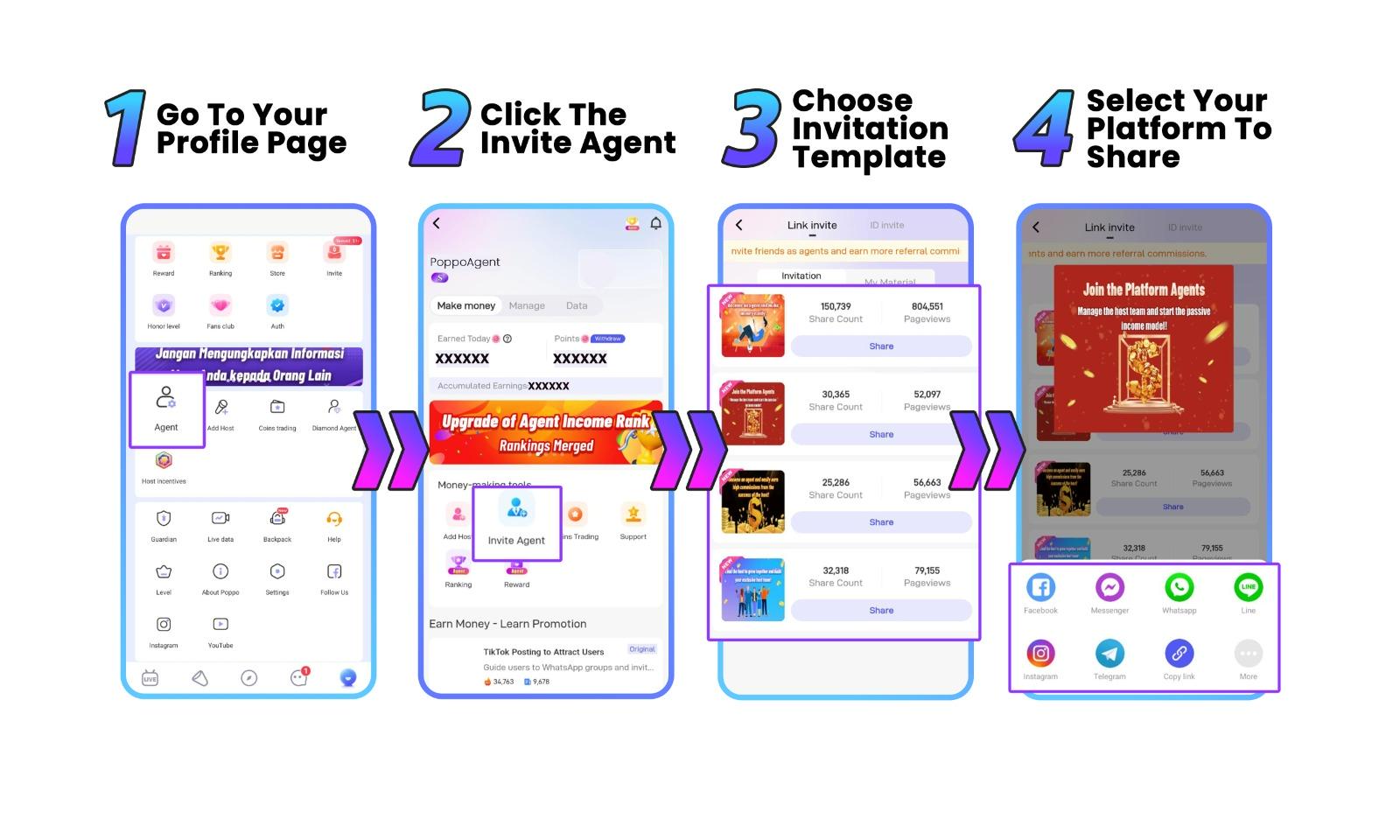Visual tutorial: 5 steps to invite sub-agents on Poppo Live from profile to sharing invitation link